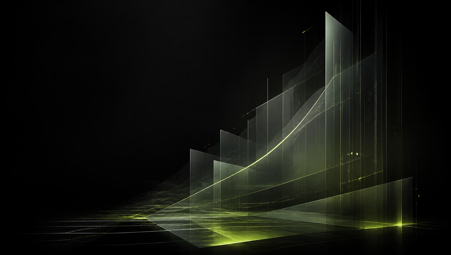 Abstract ascending glass planes with lime data lines